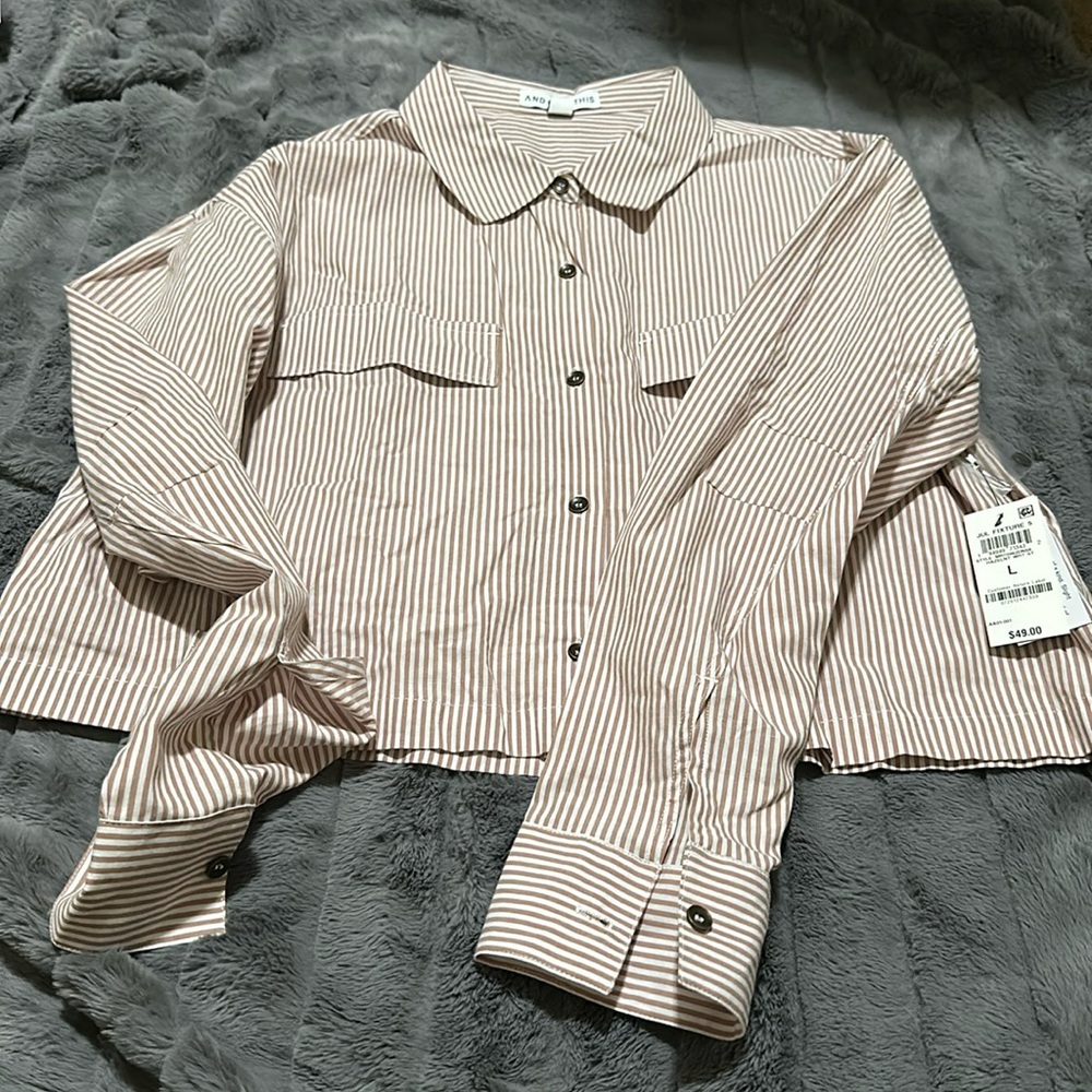 And Now This cropped boxy long sleeved button up striped blouse size Large NWT